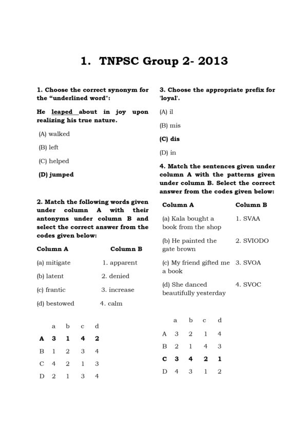 TNPSC Previous Years General English Questions