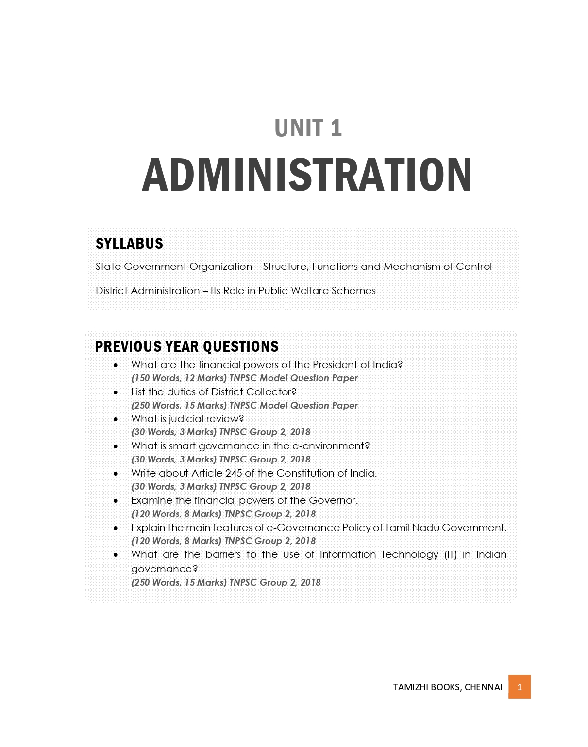 Administration and Governance of States with Specific Reference to Tamil Nadu