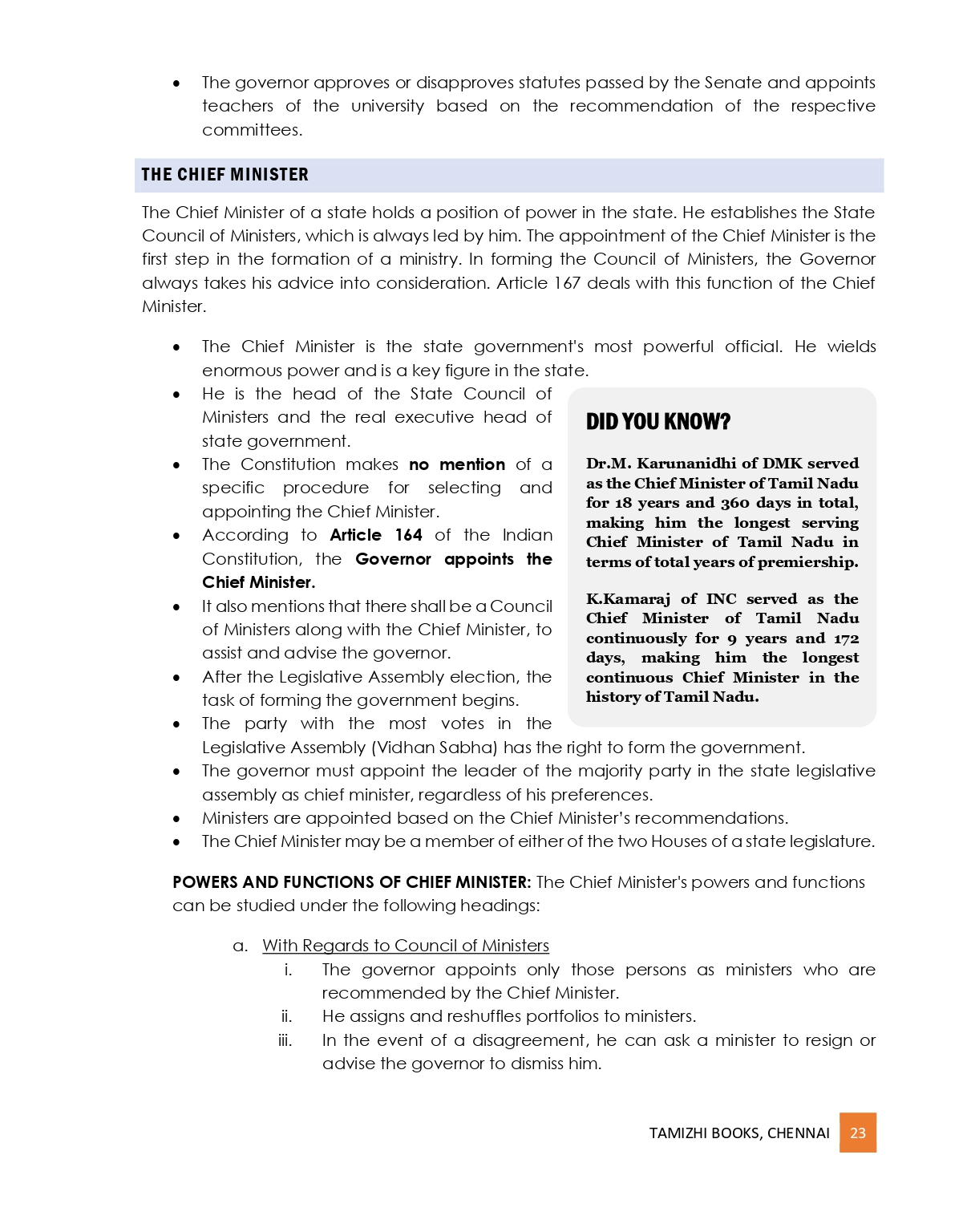 Administration and Governance of States with Specific Reference to Tamil Nadu